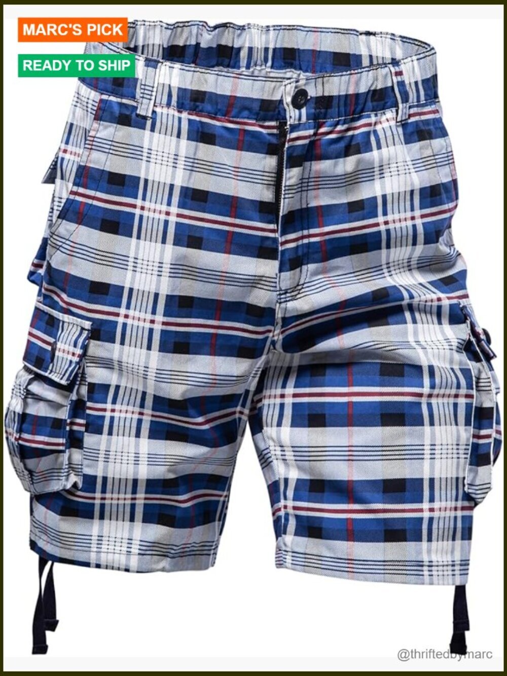 Men's Plaid Cargo Shorts Relaxed Fit Elastic Waist Cotton Casual